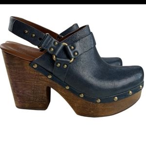 Kork Ease Carmella Navy Blue Wooden Studded Clog Heels